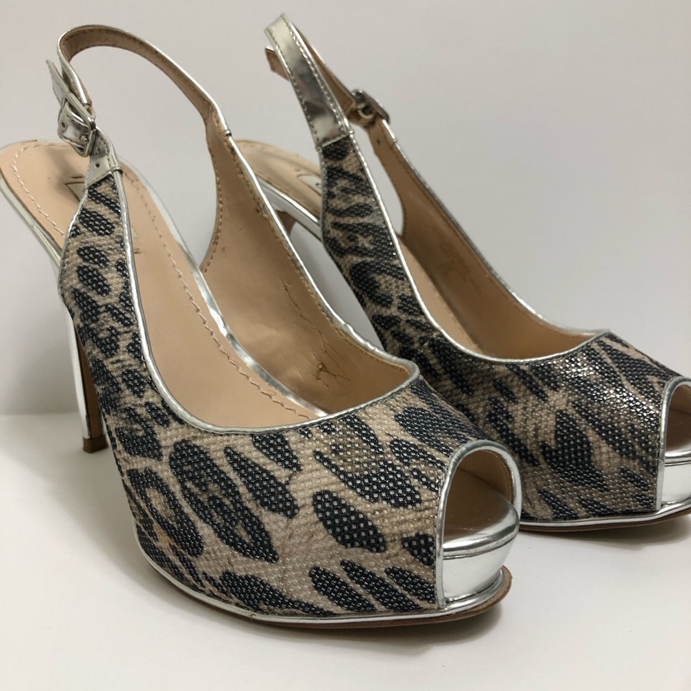 Silver Leopard Platform Slingback Heels Size 5 M